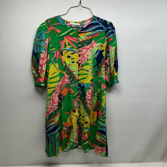 KARLIE Tropical Green Floral MINI  Dress PUFF Sleeves size M - Picture 3 of 11